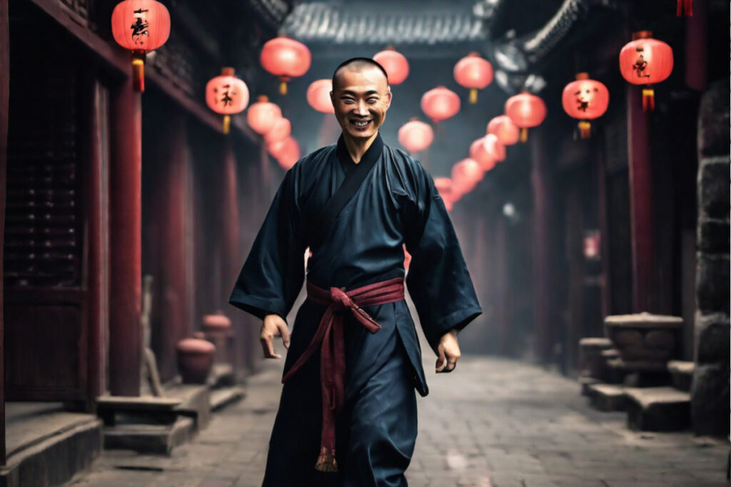 un_Maestro_di_Kung_fu_cinese_cammina_sorridente_in_una_strada_buia_piena_di_pericoli_nascosti